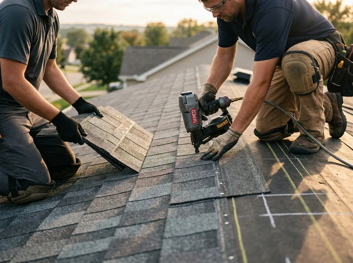 Professional roofer working on a residential roof in Winfield